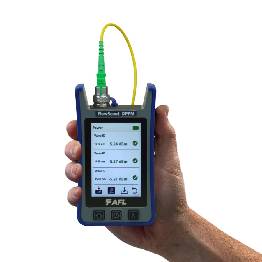 AFL FlowScout Downstream PON — a PON power meter in a technician's hand